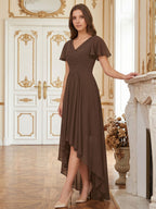 Mocha Chiffon A-Line V-Neck V-Back Asymmetrical Pleated Bridesmaid Dress - Curvevia
