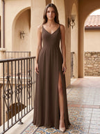 Mocha Chiffon A-Line V-Neck V-Back Floor-Length Bridesmaid Dress - Curvevia