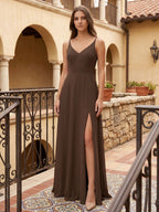Mocha Chiffon A-Line V-Neck V-Back Floor-Length Bridesmaid Dress - Curvevia