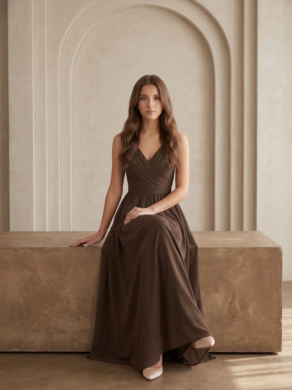 Mocha Chiffon A-Line V-Neck V-Back Floor-Length Bridesmaid Dress with Bow - Curvevia