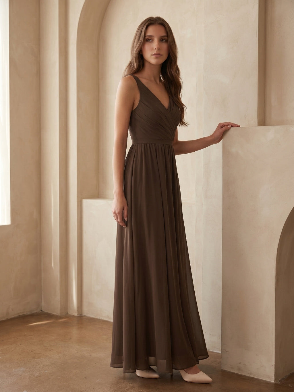 Mocha Chiffon A-Line V-Neck V-Back Floor-Length Bridesmaid Dress with Bow - Curvevia