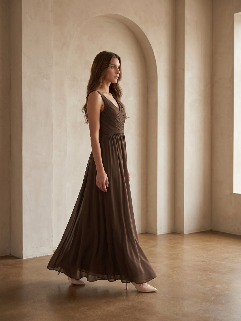 Mocha Chiffon A-Line V-Neck V-Back Floor-Length Bridesmaid Dress with Bow - Curvevia