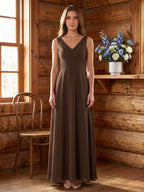 Mocha Chiffon A-Line V-Neck V-Back Floor-Length Bridesmaid Dress with Pockets - Curvevia