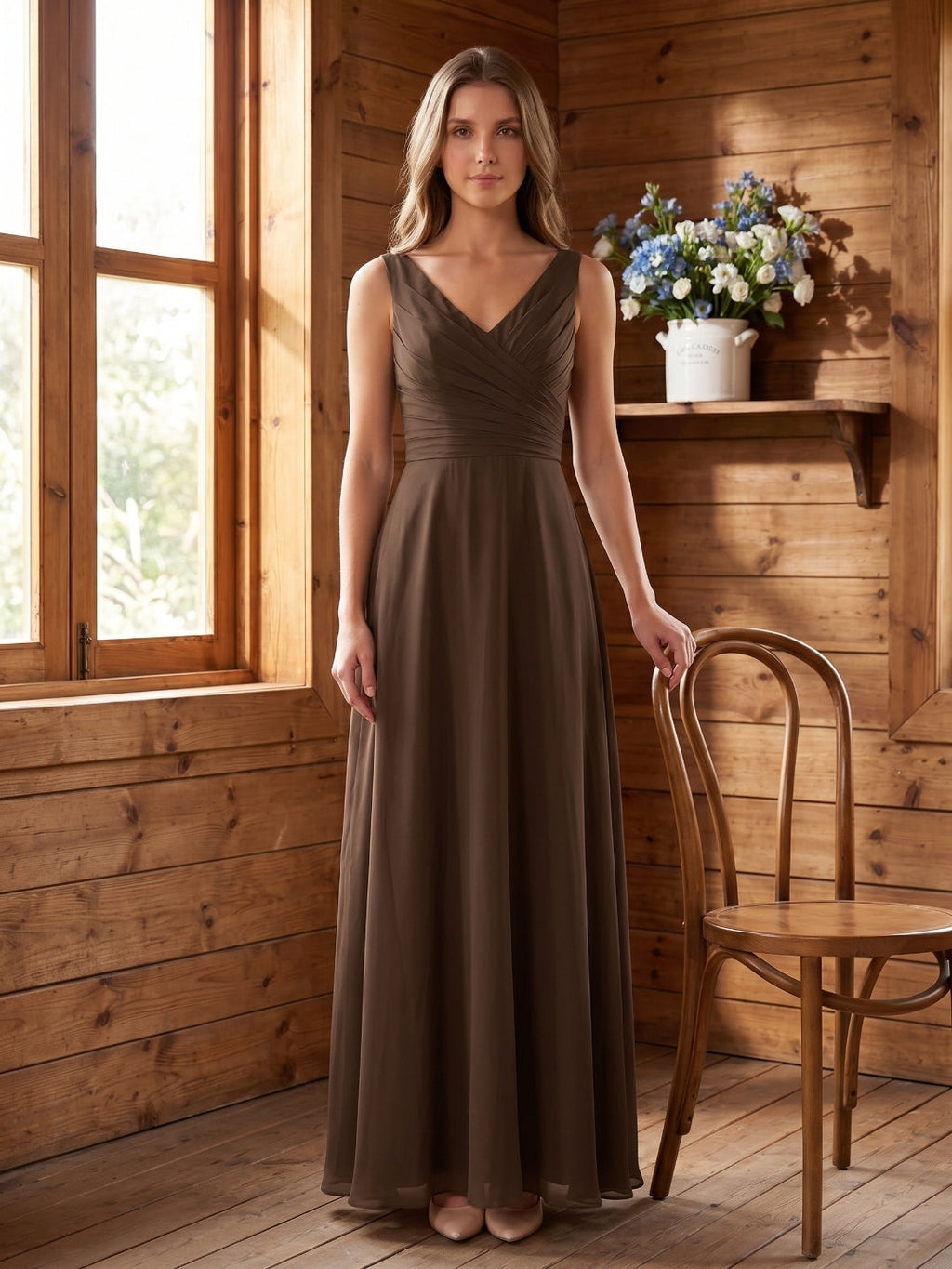 Mocha Chiffon A-Line V-Neck V-Back Floor-Length Bridesmaid Dress with Pockets - Curvevia