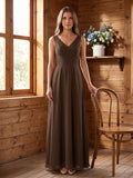 Mocha Chiffon A-Line V-Neck V-Back Floor-Length Bridesmaid Dress with Pockets - Curvevia
