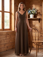 Mocha Chiffon A-Line V-Neck V-Back Floor-Length Bridesmaid Dress with Pockets - Curvevia