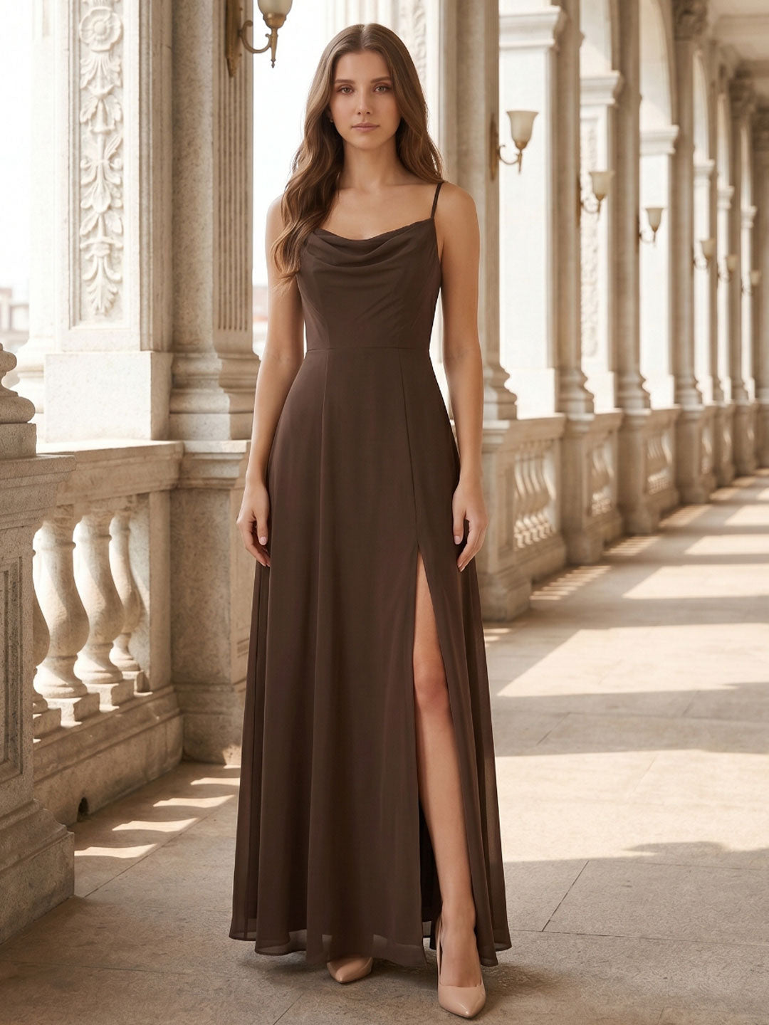 Mocha Chiffon Sheath Cowl Neck Backless Ankle-Length Bridesmaid Dress - Curvevia