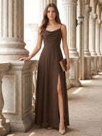 Mocha Chiffon Sheath Cowl Neck Backless Ankle-Length Bridesmaid Dress - Curvevia
