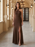 Mocha Chiffon Trumpet Halter Keyhole Back Ankle-Length Bridesmaid Dress - Curvevia