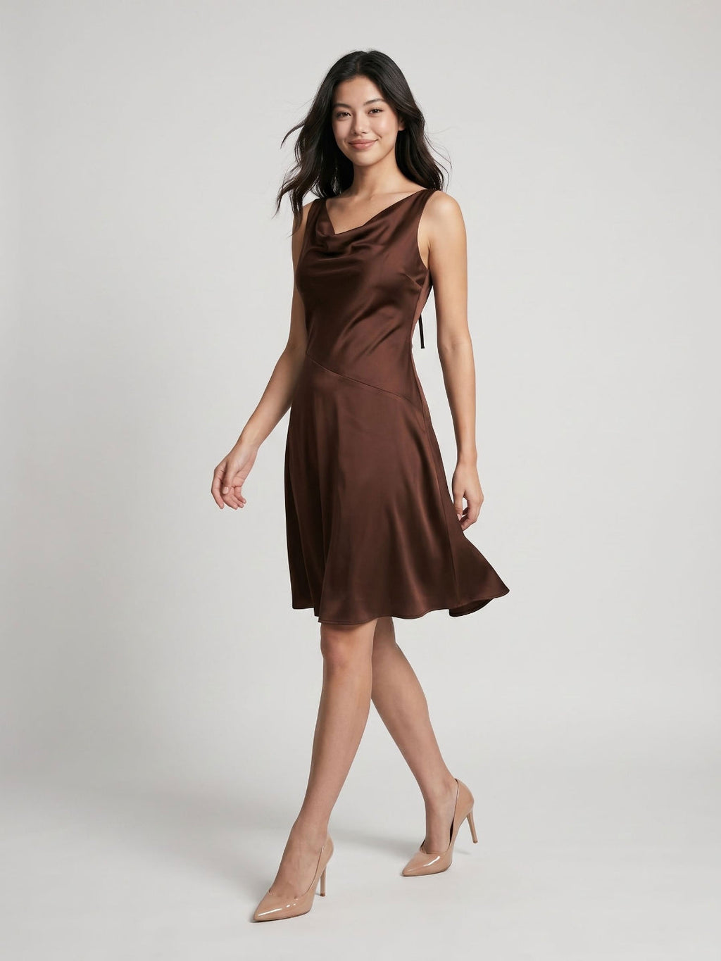 Mocha Satin A-Line Cowl Neck Backless Knee-Length Dress with Bow - Curvevia