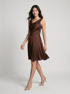 Mocha Satin A-Line Cowl Neck Backless Knee-Length Dress with Bow - Curvevia