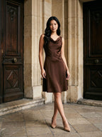 Mocha Satin A-Line Cowl Neck Backless Knee-Length Dress with Bow - Curvevia