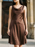Mocha Satin A-Line Cowl Neck Backless Knee-Length Dress with Bow - Curvevia