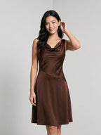 Mocha Satin A-Line Cowl Neck Backless Knee-Length Dress with Bow - Curvevia