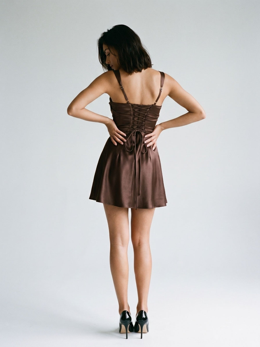 Mocha Satin A-Line Square Neck Lace-Up Back Short Dress with Pleating - Curvevia