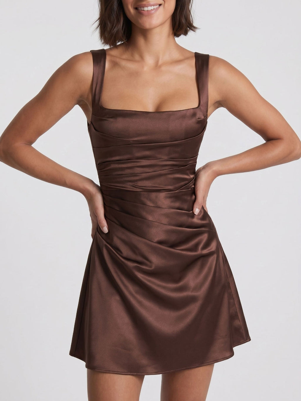 Mocha Satin A-Line Square Neck Lace-Up Back Short Dress with Pleating - Curvevia