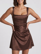 Mocha Satin A-Line Square Neck Lace-Up Back Short Dress with Pleating - Curvevia