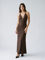 Mocha Stretch Knit Column Halter Neckline Backless Floor-Length Formal Dress - Curvevia