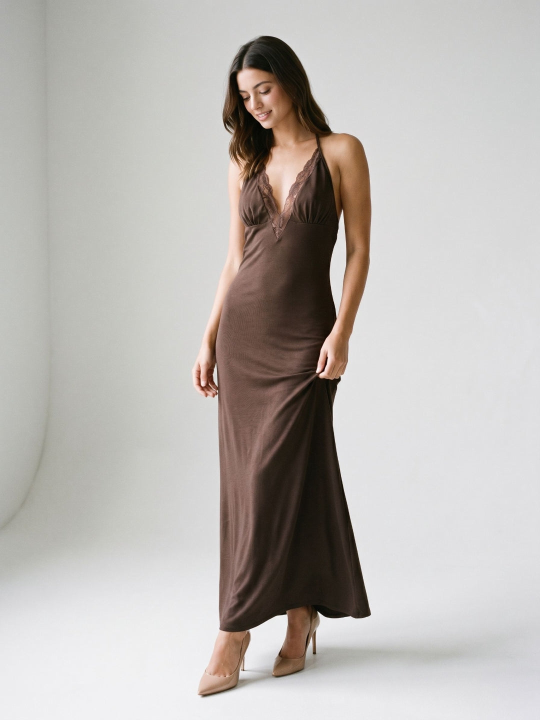 Mocha Stretch Knit Column Halter Neckline Backless Floor-Length Formal Dress - Curvevia