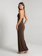 Mocha Stretch Knit Column Halter Neckline Backless Floor-Length Formal Dress - Curvevia