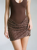 Mocha Stretch Knit Sheath Halter Neckline Backless Short Dress with Sequins - Curvevia
