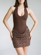 Mocha Stretch Knit Sheath Halter Neckline Backless Short Dress with Sequins - Curvevia