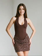 Mocha Stretch Knit Sheath Halter Neckline Backless Short Dress with Sequins - Curvevia