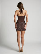 Mocha Stretch Knit Sheath Halter Neckline Backless Short Dress with Sequins - Curvevia