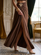 Mocha Stretch Knit Sheath Halter Neckline Side Zip Floor-Length Evening Dress - Curvevia