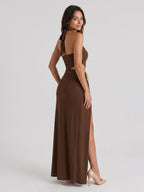 Mocha Stretch Knit Sheath Halter Neckline Side Zip Floor-Length Evening Dress - Curvevia