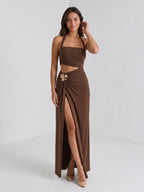 Mocha Stretch Knit Sheath Halter Neckline Side Zip Floor-Length Evening Dress - Curvevia