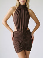 Mocha Stretch Knit Sheath Scoop Neck Backless Short Dress with Pleating - Curvevia