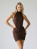 Mocha Stretch Knit Sheath Scoop Neck Backless Short Dress with Pleating - Curvevia