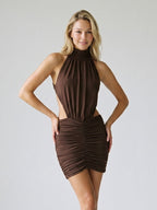 Mocha Stretch Knit Sheath Scoop Neck Backless Short Dress with Pleating - Curvevia