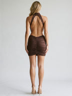 Mocha Stretch Knit Sheath Scoop Neck Backless Short Dress with Pleating - Curvevia