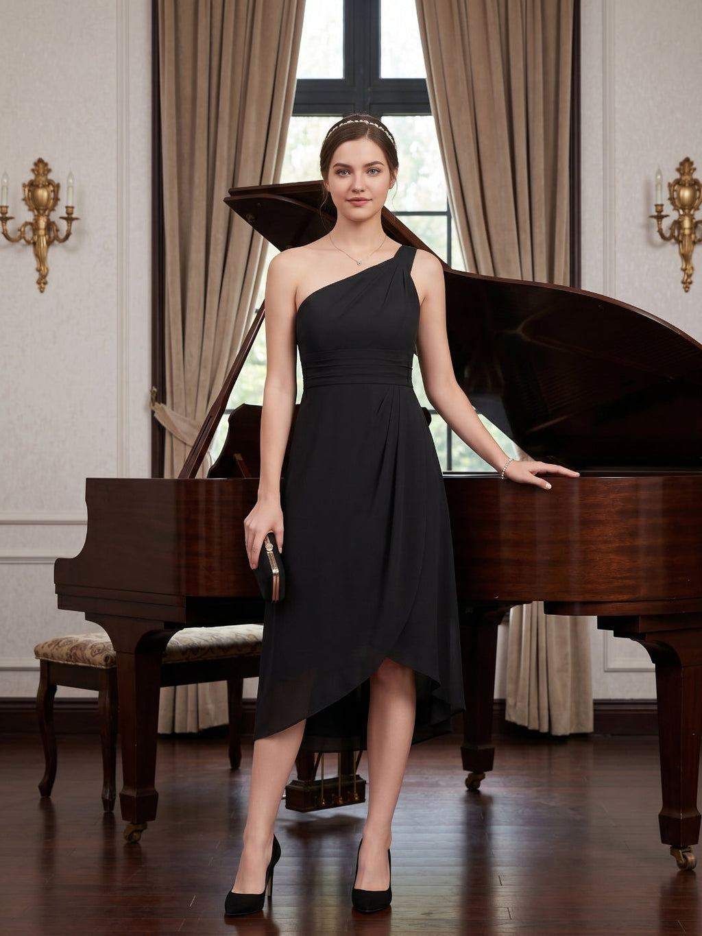 Modern Black Chiffon A-Line One Shoulder Back Zip Asymmetrical Bridesmaid Dress - Curvevia