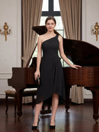 Modern Black Chiffon A-Line One Shoulder Back Zip Asymmetrical Bridesmaid Dress - Curvevia