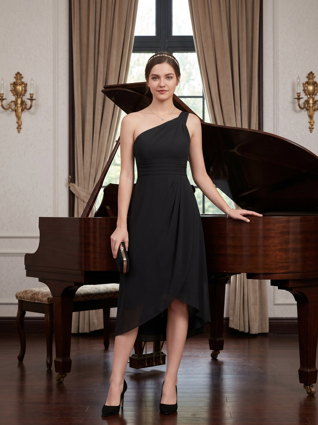 Modern Black Chiffon A-Line One Shoulder Back Zip Asymmetrical Bridesmaid Dress - Curvevia
