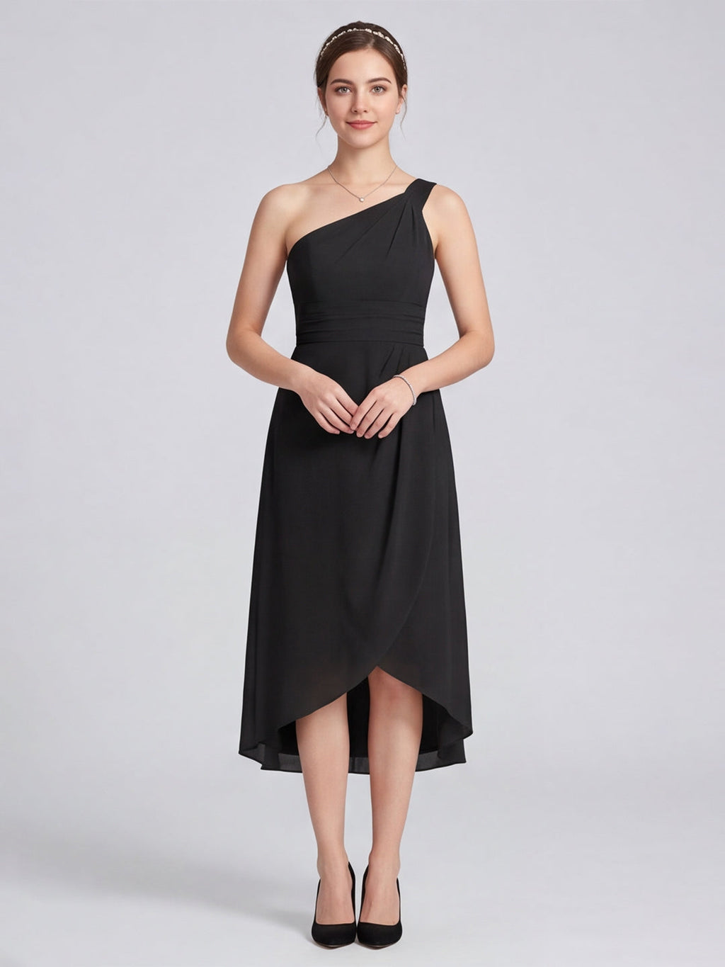 Modern Black Chiffon A-Line One Shoulder Back Zip Asymmetrical Bridesmaid Dress - Curvevia
