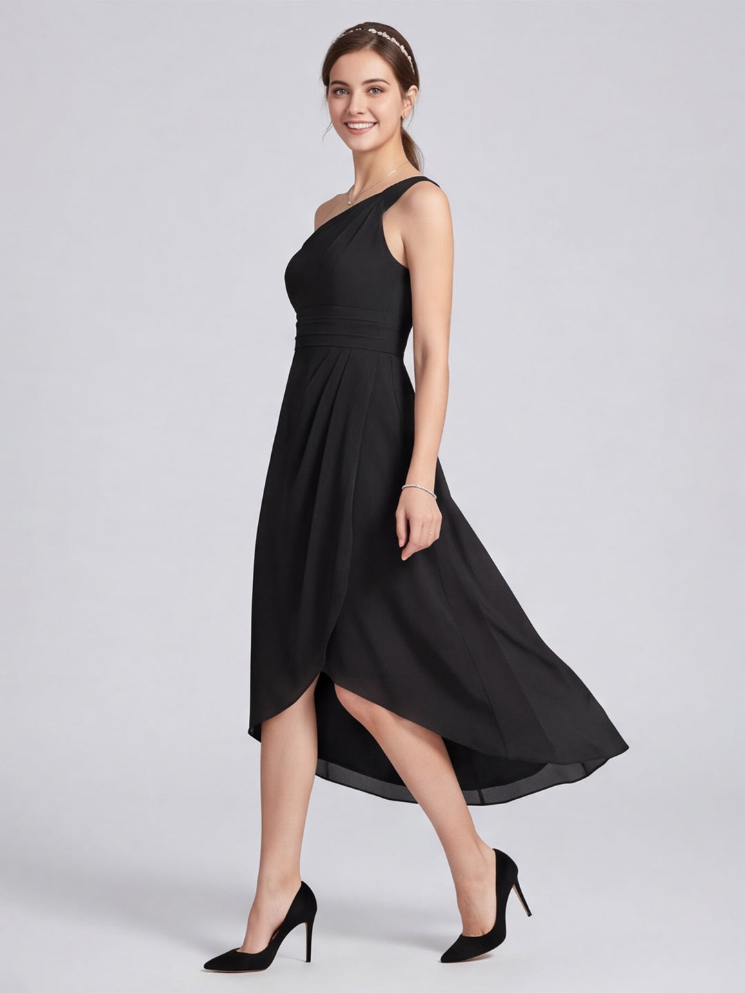 Modern Black Chiffon A-Line One Shoulder Back Zip Asymmetrical Bridesmaid Dress - Curvevia