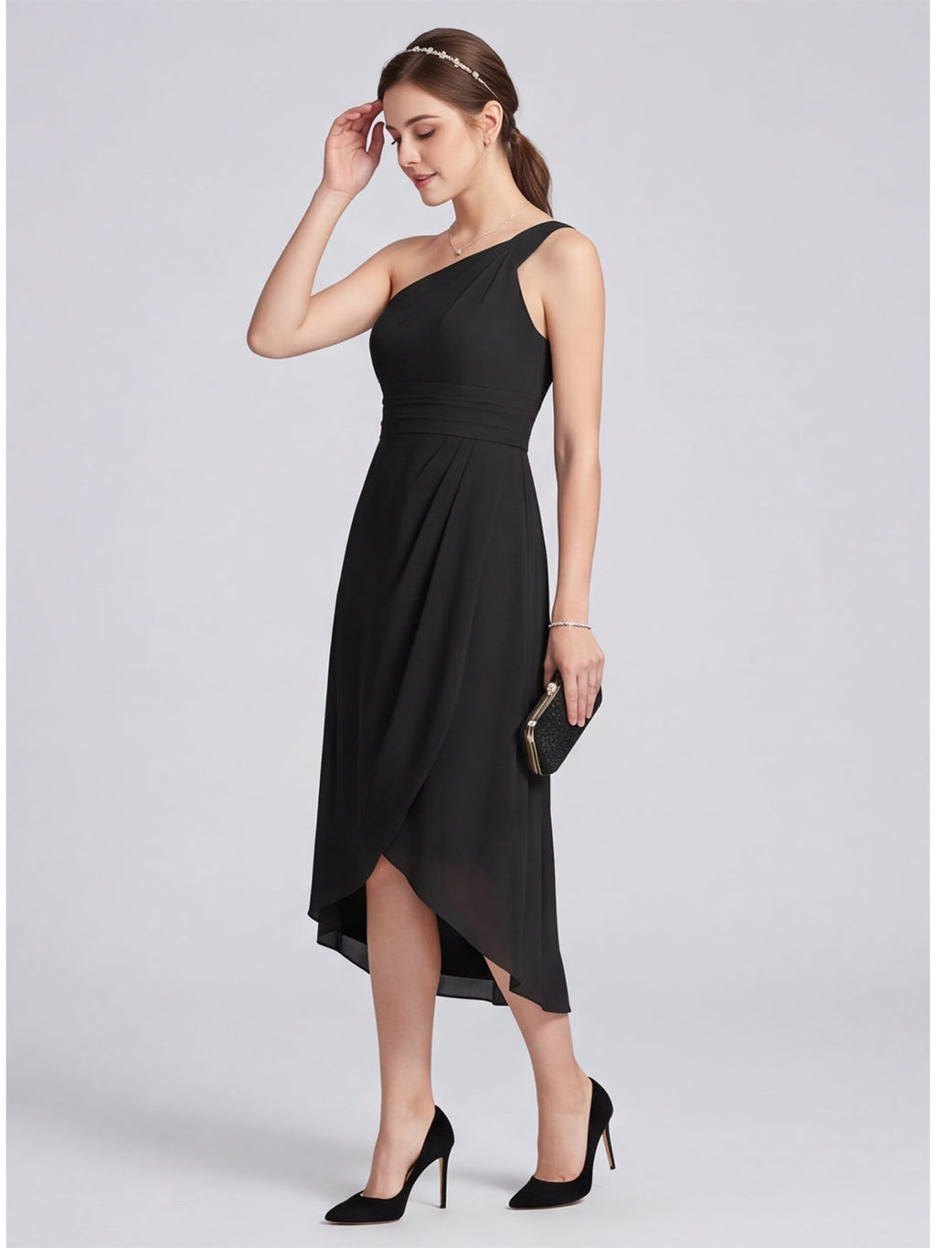 Modern Black Chiffon A-Line One Shoulder Back Zip Asymmetrical Bridesmaid Dress - Curvevia