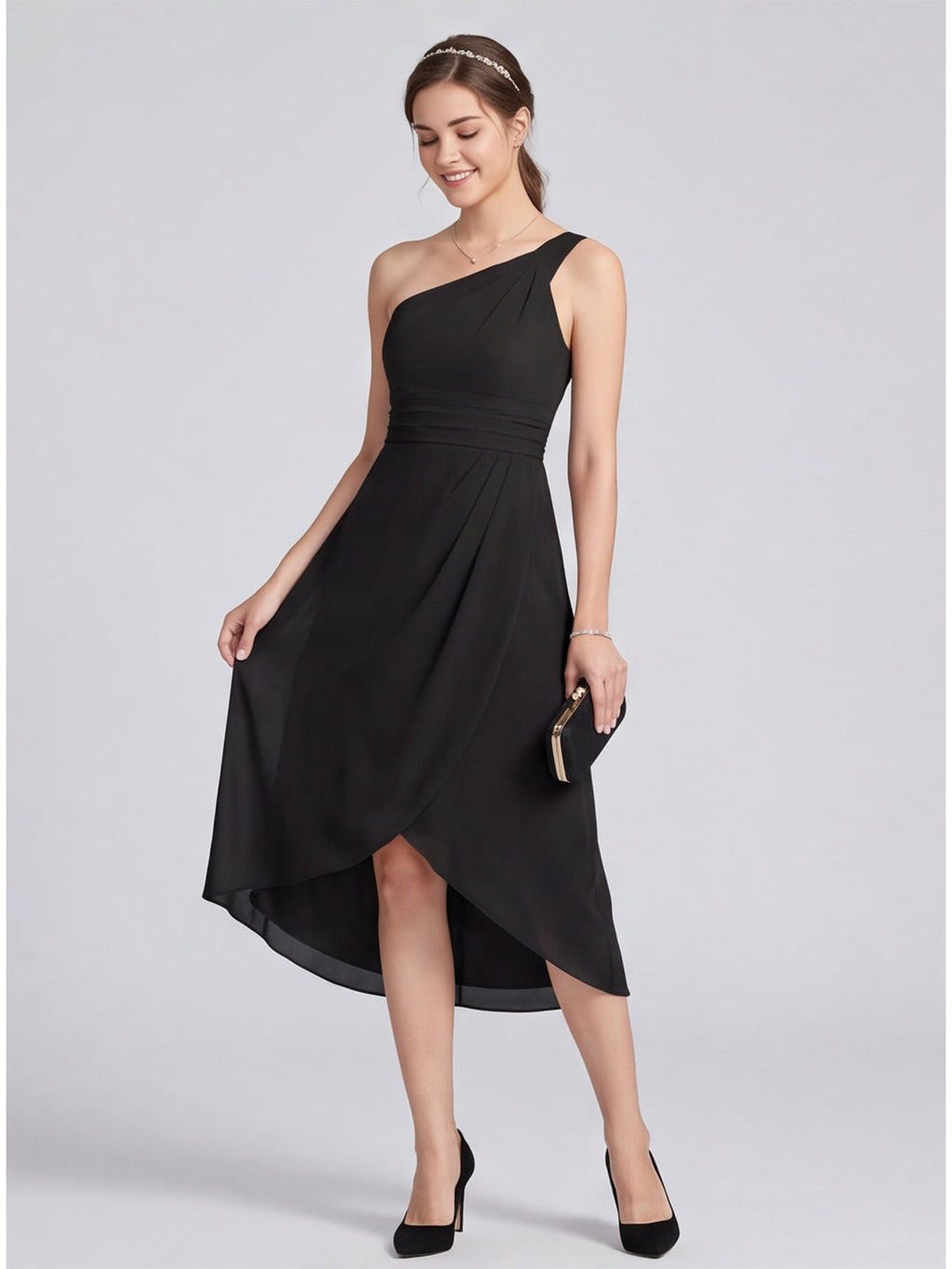 Modern Black Chiffon A-Line One Shoulder Back Zip Asymmetrical Bridesmaid Dress - Curvevia