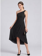 Modern Black Chiffon A-Line One Shoulder Back Zip Asymmetrical Bridesmaid Dress - Curvevia
