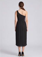 Modern Black Chiffon A-Line One Shoulder Back Zip Asymmetrical Bridesmaid Dress - Curvevia