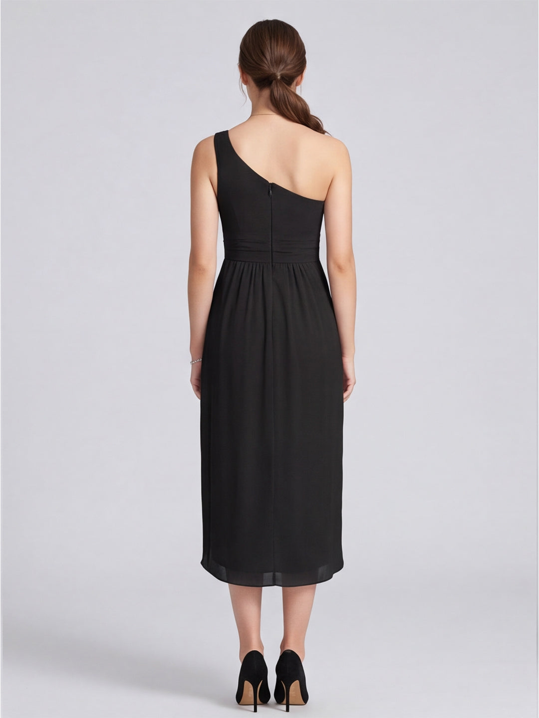 Modern Black Chiffon A-Line One Shoulder Back Zip Asymmetrical Bridesmaid Dress - Curvevia