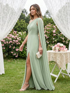 Modern Dusty Sage Chiffon A-Line One Shoulder Side Zip Ankle-Length Bridesmaid Dress - Curvevia