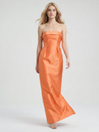 Modern Orange Satin Sheath Straight Neck Back Zip Floor-Length Bridesmaid Dress with Pleated Detail - Curvevia