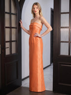 Modern Orange Satin Sheath Straight Neck Back Zip Floor-Length Bridesmaid Dress with Pleated Detail - Curvevia