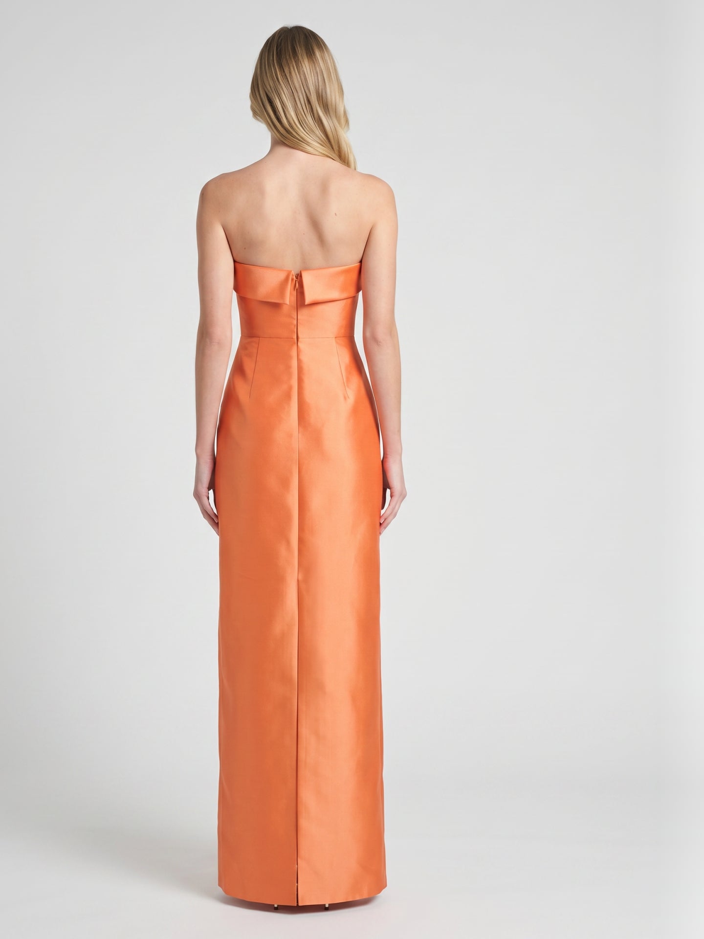 Modern Orange Satin Sheath Straight Neck Back Zip Floor-Length Bridesmaid Dress with Pleated Detail - Curvevia