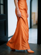 Modern Orange Satin Sheath Straight Neck Back Zip Floor-Length Bridesmaid Dress with Pleated Detail - Curvevia